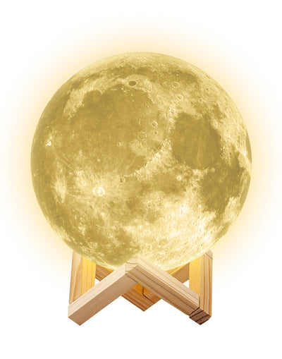 warm witte maanlamp met houten standaard