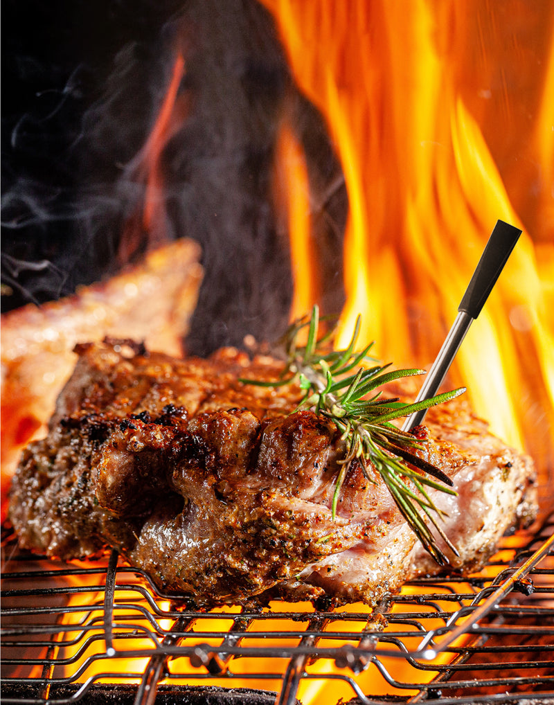 vleesthermometer in een stuk vlees op de bbq 